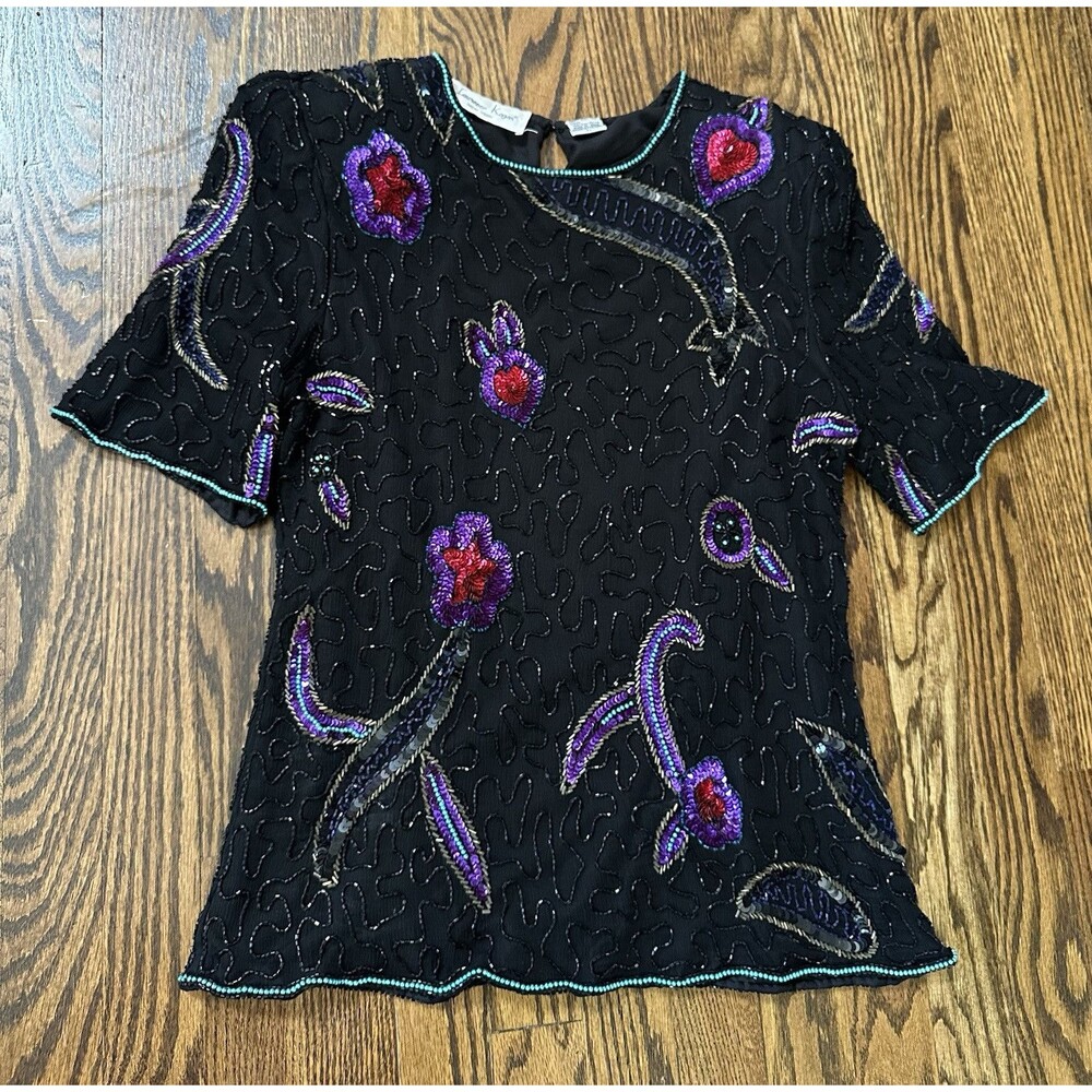 Vintage Lawrence Kazar Size M‎ Black 100% Silk Beaded Sequin Evening Top Whimsy